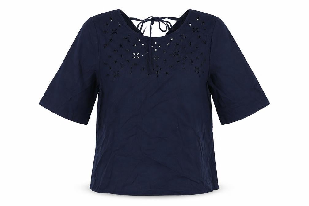 Marks & Spencer Womens Blue Linen Basic Blouse Size 8 Round Neck - Broderie Anglaise