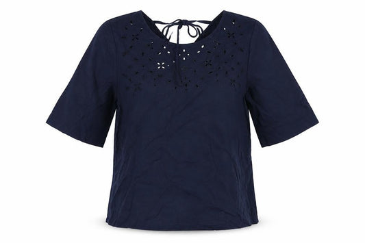 Marks and Spencer Womens Blue Linen Basic Blouse Size 8 Round Neck - Broderie Anglaise
