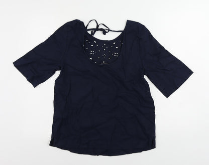 Marks & Spencer Womens Blue Linen Basic Blouse Size 8 Round Neck - Broderie Anglaise