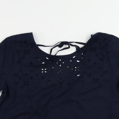 Marks & Spencer Womens Blue Linen Basic Blouse Size 8 Round Neck - Broderie Anglaise