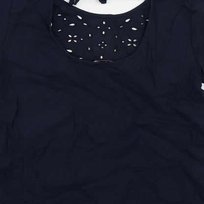 Marks & Spencer Womens Blue Linen Basic Blouse Size 8 Round Neck - Broderie Anglaise