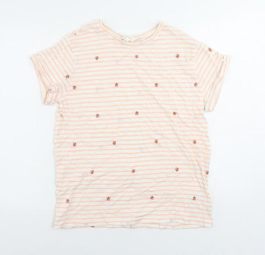 Per Una Womens Pink Striped Cotton Basic T-Shirt Size 12 Round Neck - Embroidered