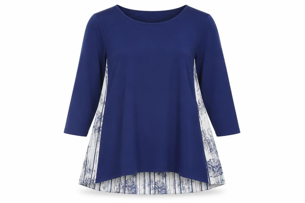 Attitudes Womens Blue Floral Polyester Basic Blouse Size M Round Neck - Pleated Back