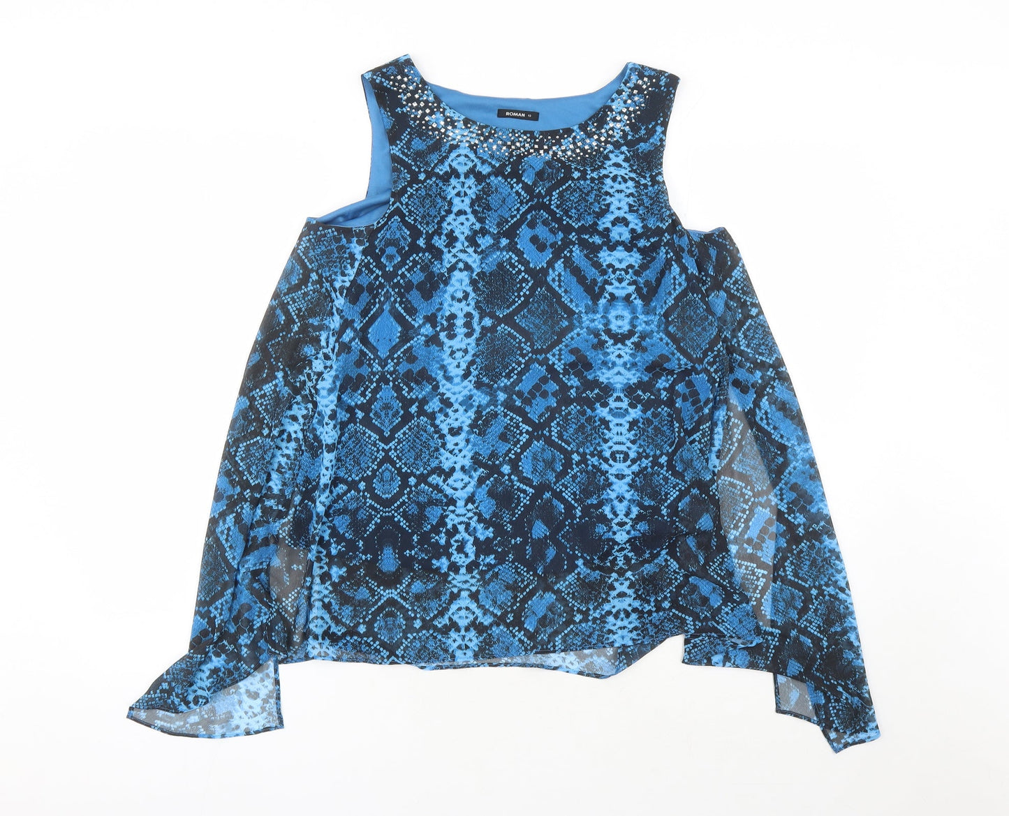 Roman Womens Blue Animal Print Polyester Basic Blouse Size 12 Round Neck - Snake Skin Pattern Rhinestone Detail