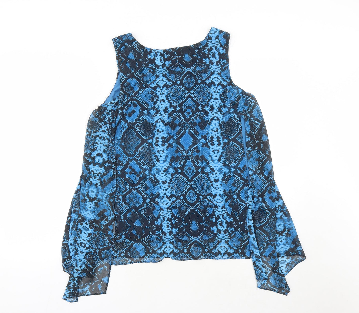 Roman Womens Blue Animal Print Polyester Basic Blouse Size 12 Round Neck - Snake Skin Pattern Rhinestone Detail