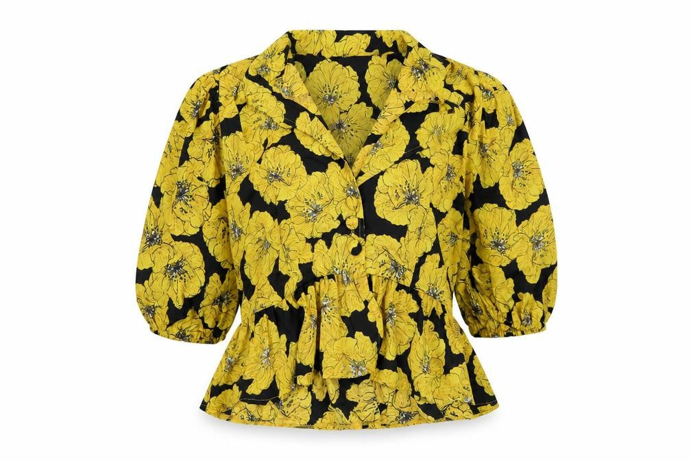 Nasty Gal Womens Yellow Floral Polyester Basic Blouse Size 12 Collared