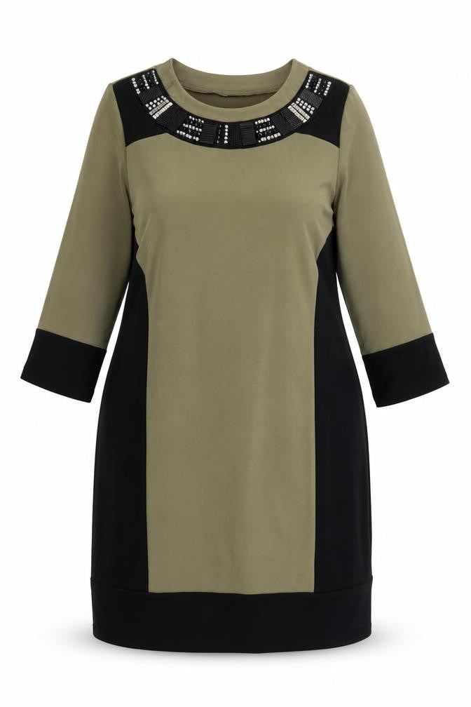 Together Womens Green Colourblock Polyester A-Line Size 12 Round Neck Pullover - Beaded Neckline