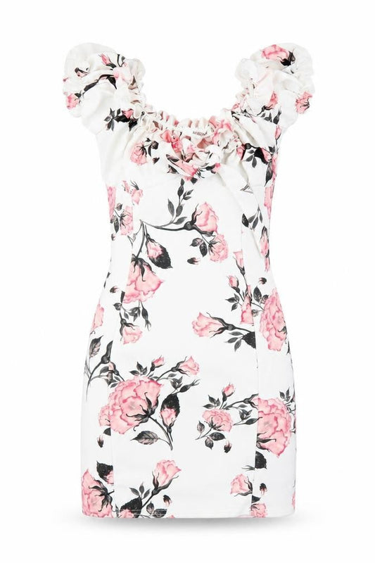 Front view of Missguided women’s white floral polyester mini, size UK 6, round neck pullover