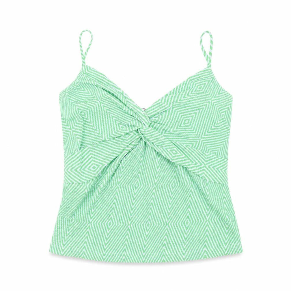 Mango Womens Green Geometric Polyester Camisole T-Shirt Size L V-Neck
