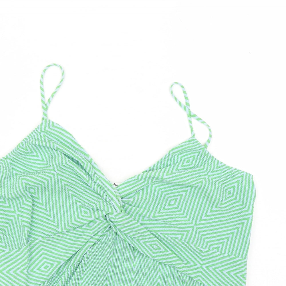 MNG Womens Green Geometric Polyester Camisole T-Shirt Size L V-Neck
