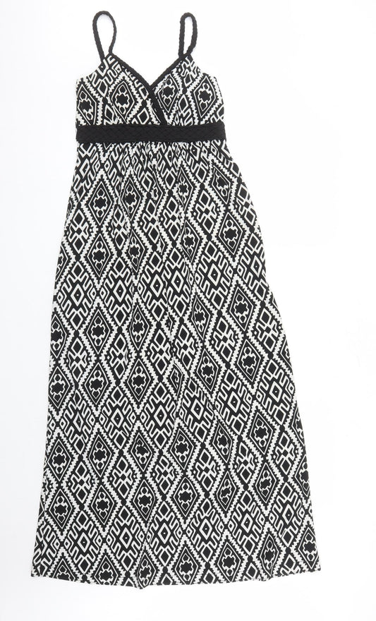 Mandi Womens Black Geometric Polyester Maxi Size 8 V-Neck Pullover