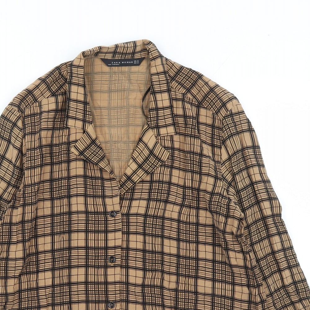 Zara Womens Brown Plaid Cupro Basic Button-Up Size XS Collared
