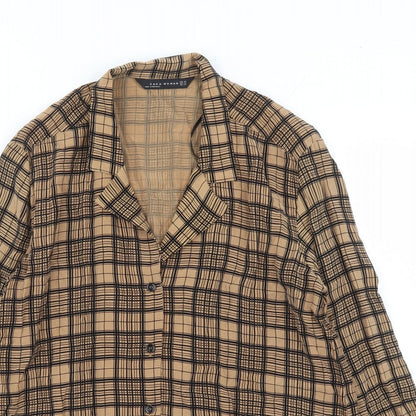 Zara Womens Brown Plaid Cupro Basic Button-Up Size XS Collared