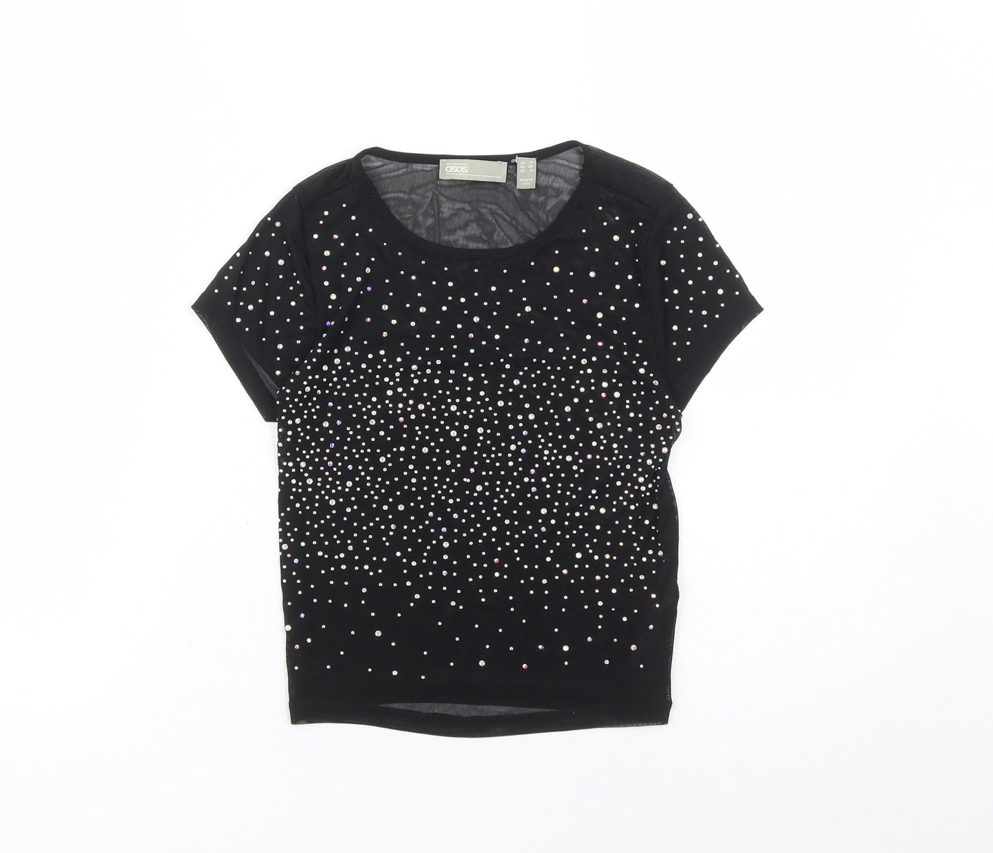 ASOS Womens Black Nylon Cropped T-Shirt Size 4 Round Neck - Rhinestone Detail