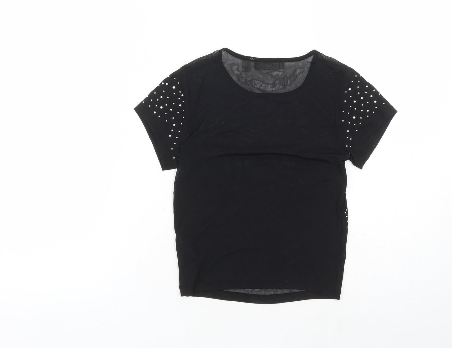 ASOS Womens Black Nylon Cropped T-Shirt Size 4 Round Neck - Rhinestone Detail