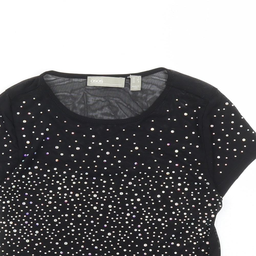 ASOS Womens Black Nylon Cropped T-Shirt Size 4 Round Neck - Rhinestone Detail