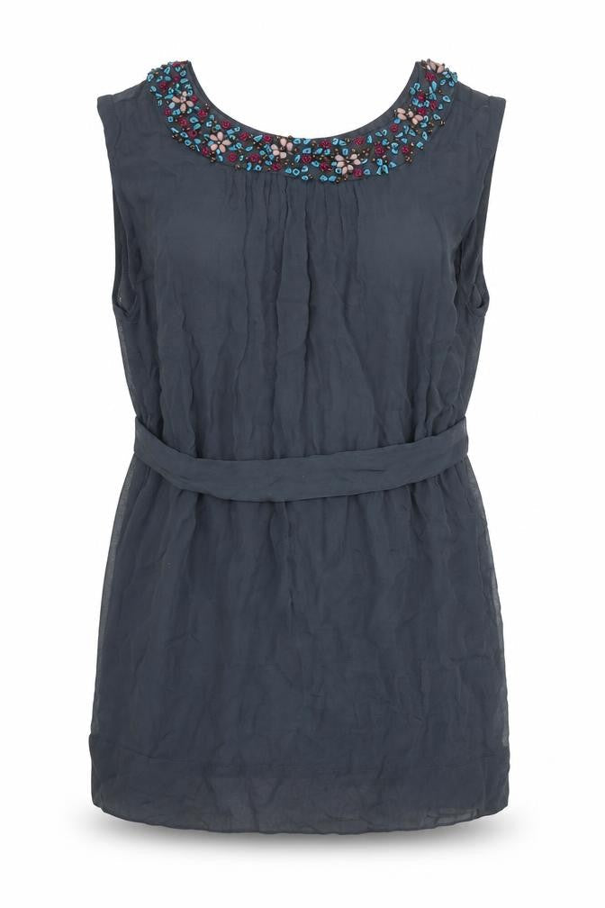 French Connection Womens Grey Silk Basic Blouse Size 6 Round Neck - Beaded Neckline