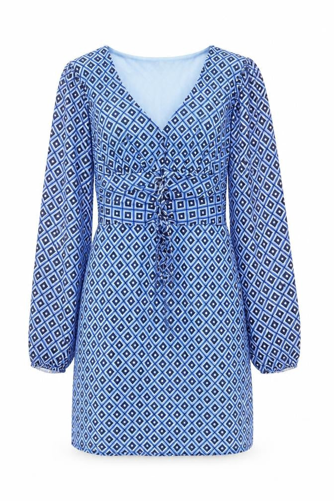 Luna Loves Womens Blue Geometric Polyester A-Line Size 12 V-Neck Pullover