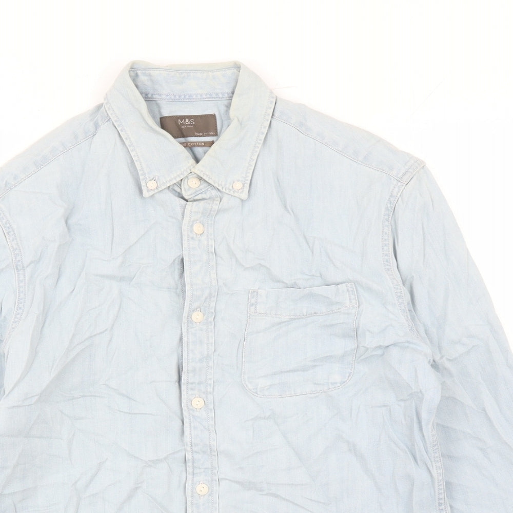 Marks and Spencer Mens Blue Cotton Button-Up Size S Collared Button
