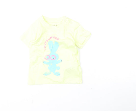 Marks and Spencer Girls Yellow Cotton Basic T-Shirt Size 3-6 Months Round Neck Snap - Bunny, Love Summer