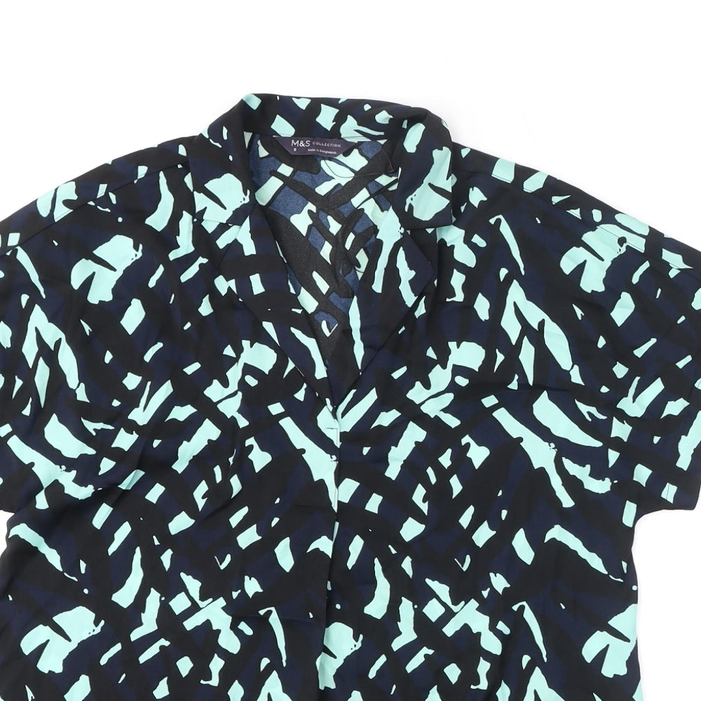 Marks and Spencer Womens Blue Geometric Polyester Basic Blouse Size 8 Collared