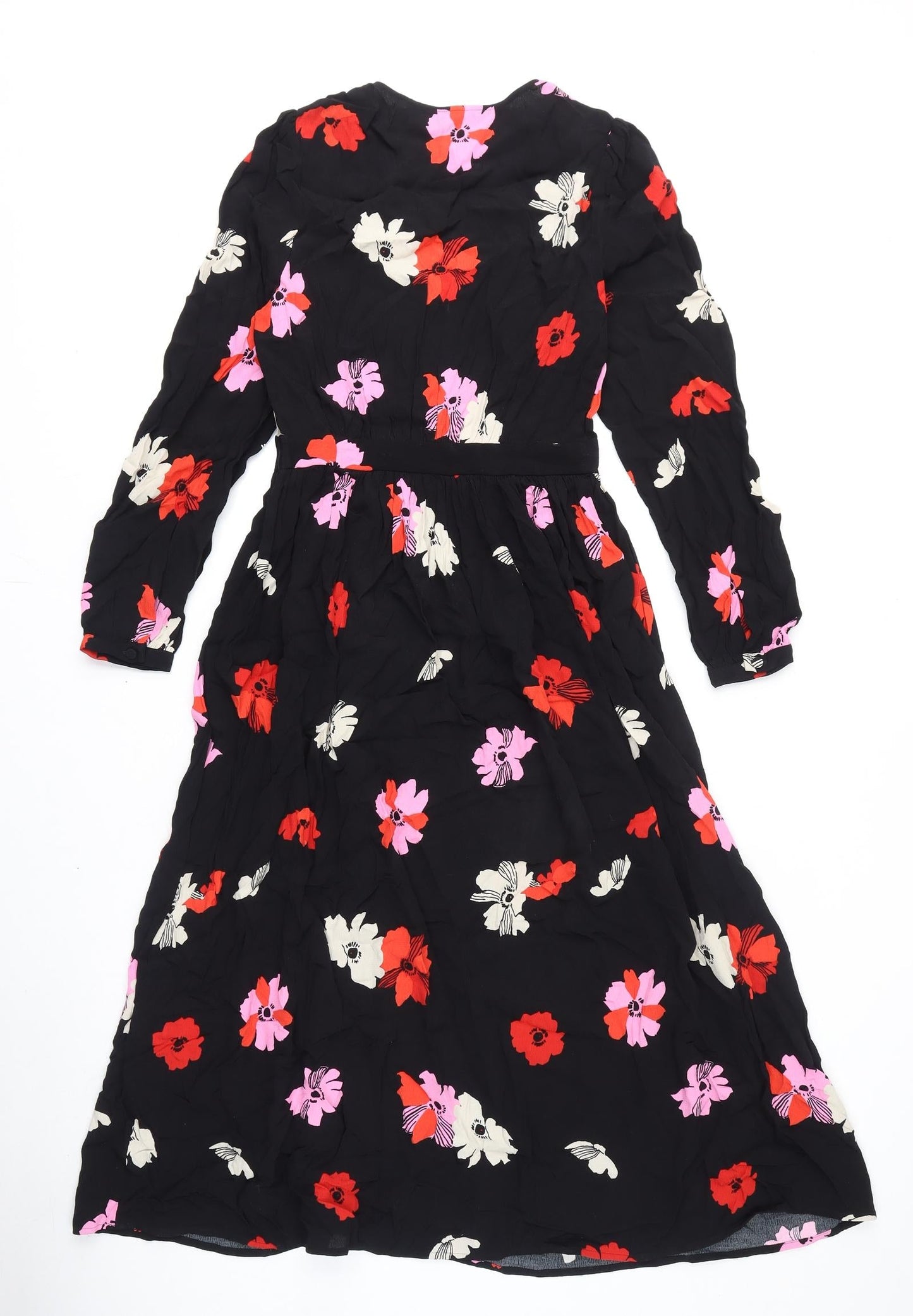 Marks and Spencer Womens Black Floral Viscose A-Line Size 6 V-Neck Zip