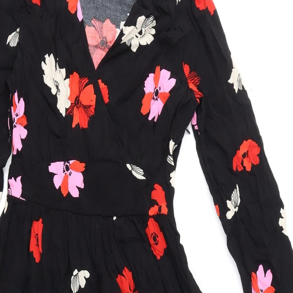 Marks and Spencer Womens Black Floral Viscose A-Line Size 6 V-Neck Zip