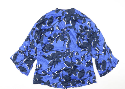 Back view of Autograph women’s blue geometric viscose wrap blouse, size M, v-neck