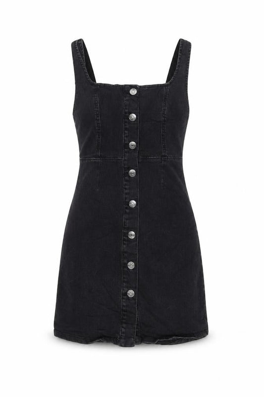 Denim & Co. Womens Grey Cotton Pinafore/Dungaree Dress Size 6 Square Neck Button