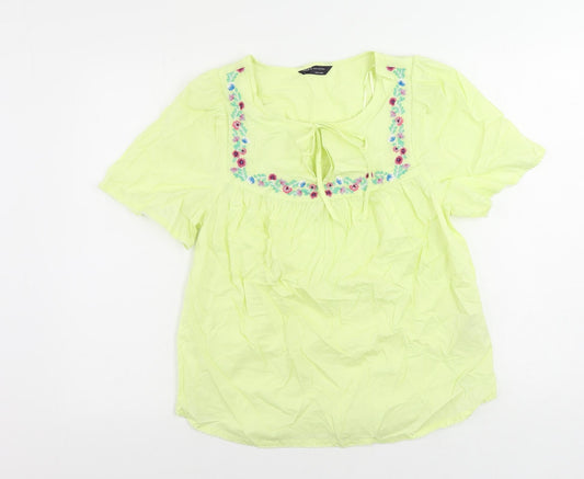 Marks and Spencer Womens Yellow Cotton Basic Blouse Size 6 V-Neck - Embroidered