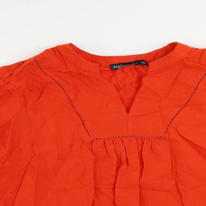 Marks & Spencer Womens Red Cotton Basic Blouse Size 8 V-Neck - Textured