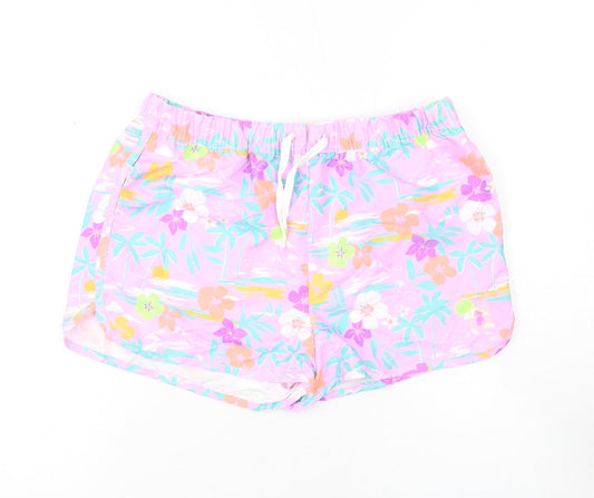 Marks and Spencer Girls Purple Geometric Polyester Bermuda Shorts Size 13-14 Years Regular Drawstring