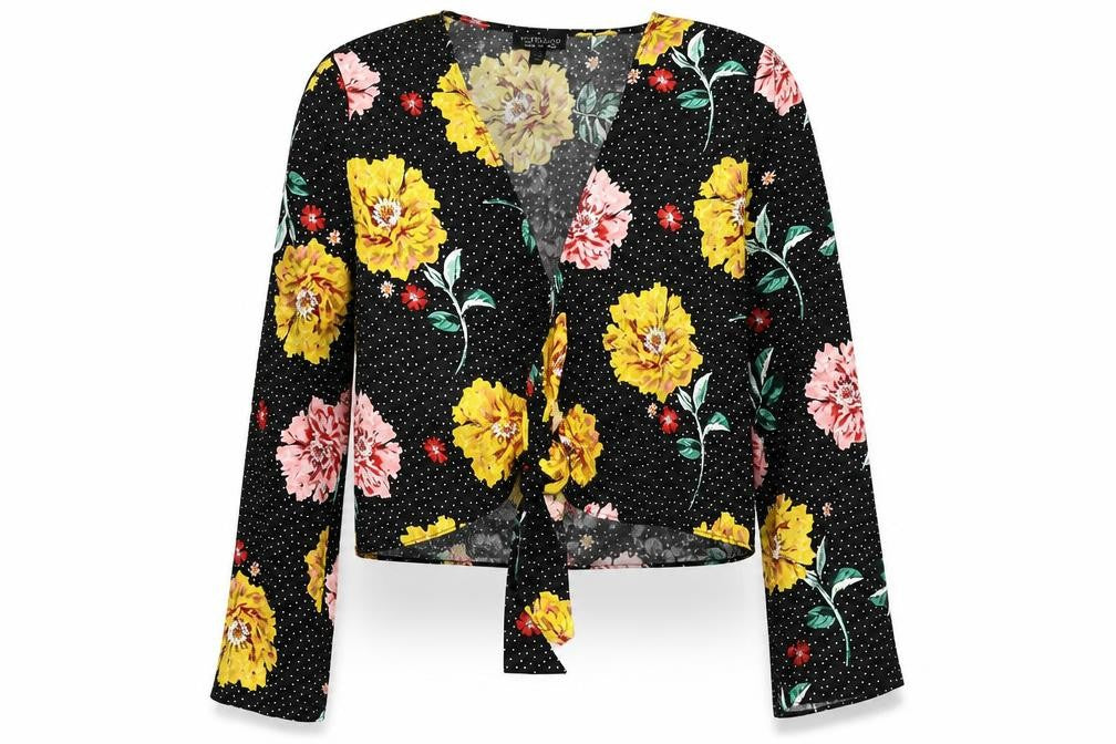 Topshop Womens Black Floral Polyester Basic Blouse Size 10 V-Neck
