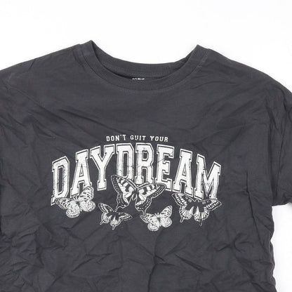Close-up detail of Marks & Spencer girls’ grey cotton basic t-shirt, size 9-10, years round neck pullover - slogan