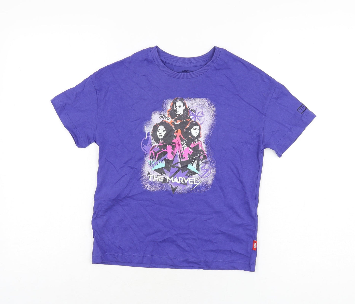 Marks and Spencer Girls Purple Cotton Basic T-Shirt Size 7-8 Years Round Neck Pullover - The Marvels