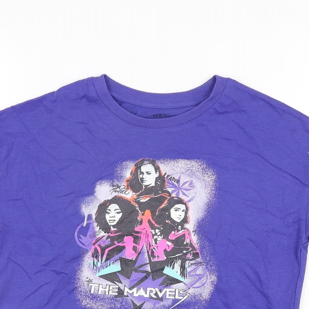 Marks and Spencer Girls Purple Cotton Basic T-Shirt Size 7-8 Years Round Neck Pullover - The Marvels