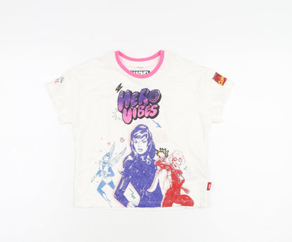 Front view of Marks & Spencer girls’ white polyester basic t-shirt, size 4-5, years round neck pullover - hero vibes, marvel