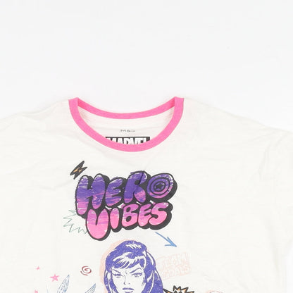 Close-up detail of Marks & Spencer girls’ white polyester basic t-shirt, years round neck pullover - hero vibes, marvel
