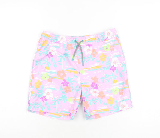 Marks and Spencer Boys Purple Floral Polyester Bermuda Shorts Size 10-11 Years Regular Drawstring - Swim Short