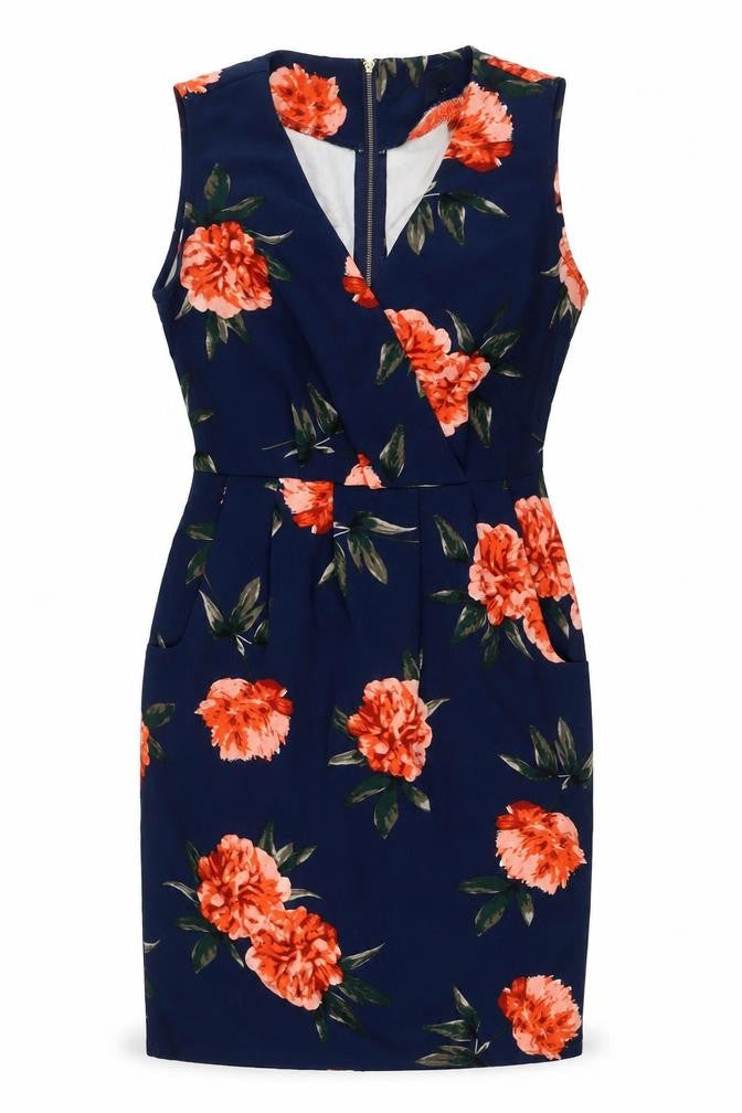 Apricot Womens Blue Floral Polyester A-Line Size 10 V-Neck Zip - Pockets