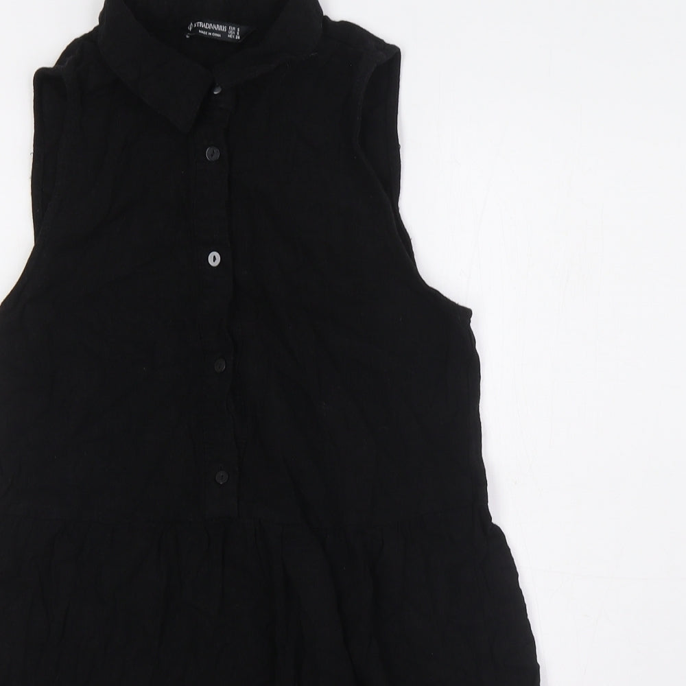 Stradivarius Womens Black Polyester A-Line Size S Collared Button