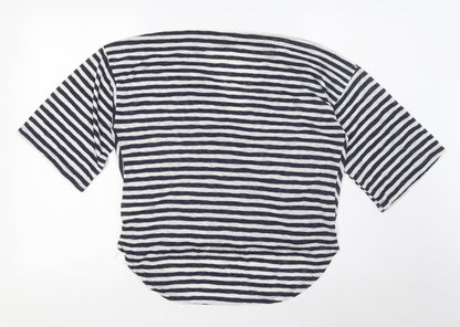Back view of COIN 1804 women’s blue striped viscose basic blouse, size M, v-neck