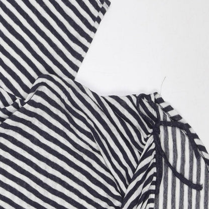 Close-up detail of COIN 1804 women’s blue striped viscose basic blouse, size M, v-neck