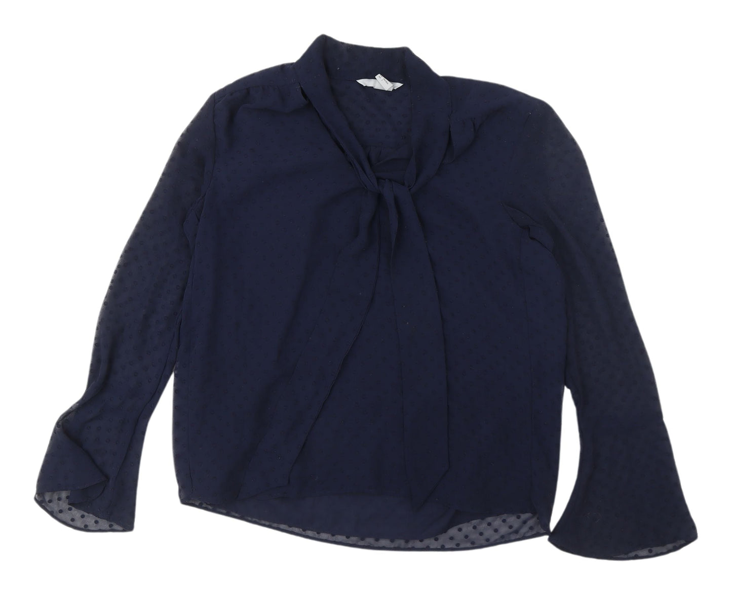 H&M Women's Blue Tie Neck Blouse, Size 6, Flared Sleeves