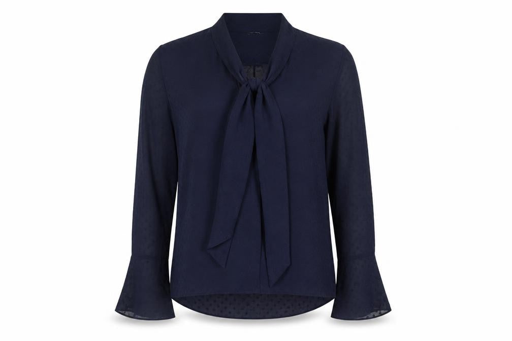 H&M Women's Blue Tie Neck Blouse, Size 6, Flared Sleeves