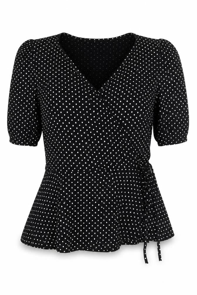 New Look Women's Black Polka Dot Wrap Blouse Size 8