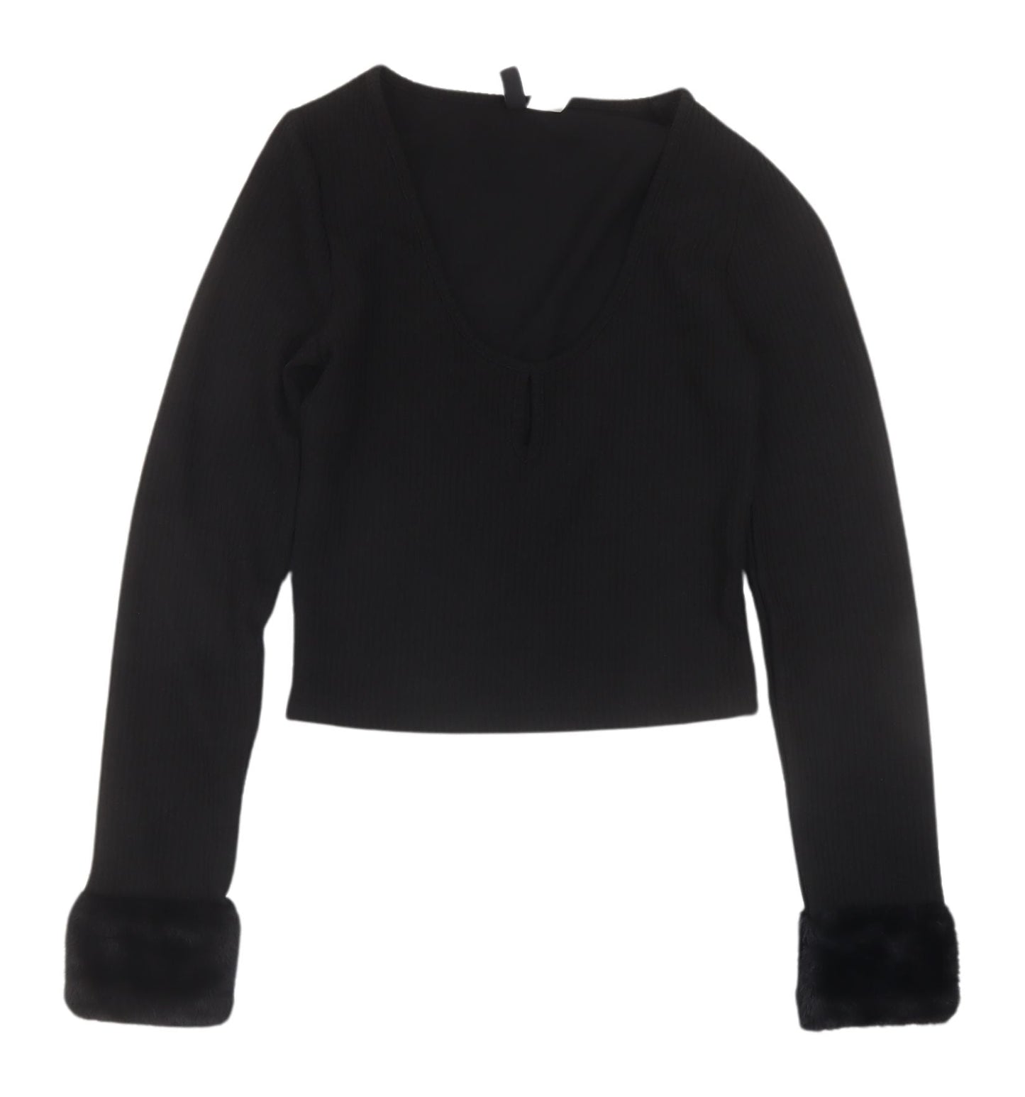 Divided Women's Black Cropped Top with Fur Trim, Size 8
