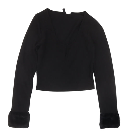 Divided Women's Black Cropped Top with Fur Trim, Size 8