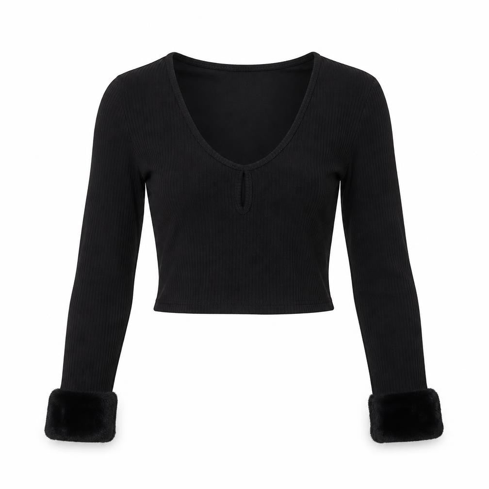 Divided Women's Black Cropped Top with Fur Trim, Size 8