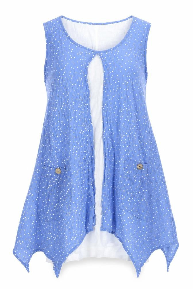 Izabel London Blue Polka Dot Blouse, Size 12, Sleeveless